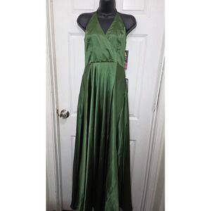 NEW Blondie Nites Halter Gown Women's 7 Olive Green Satin Prom Formal Dress